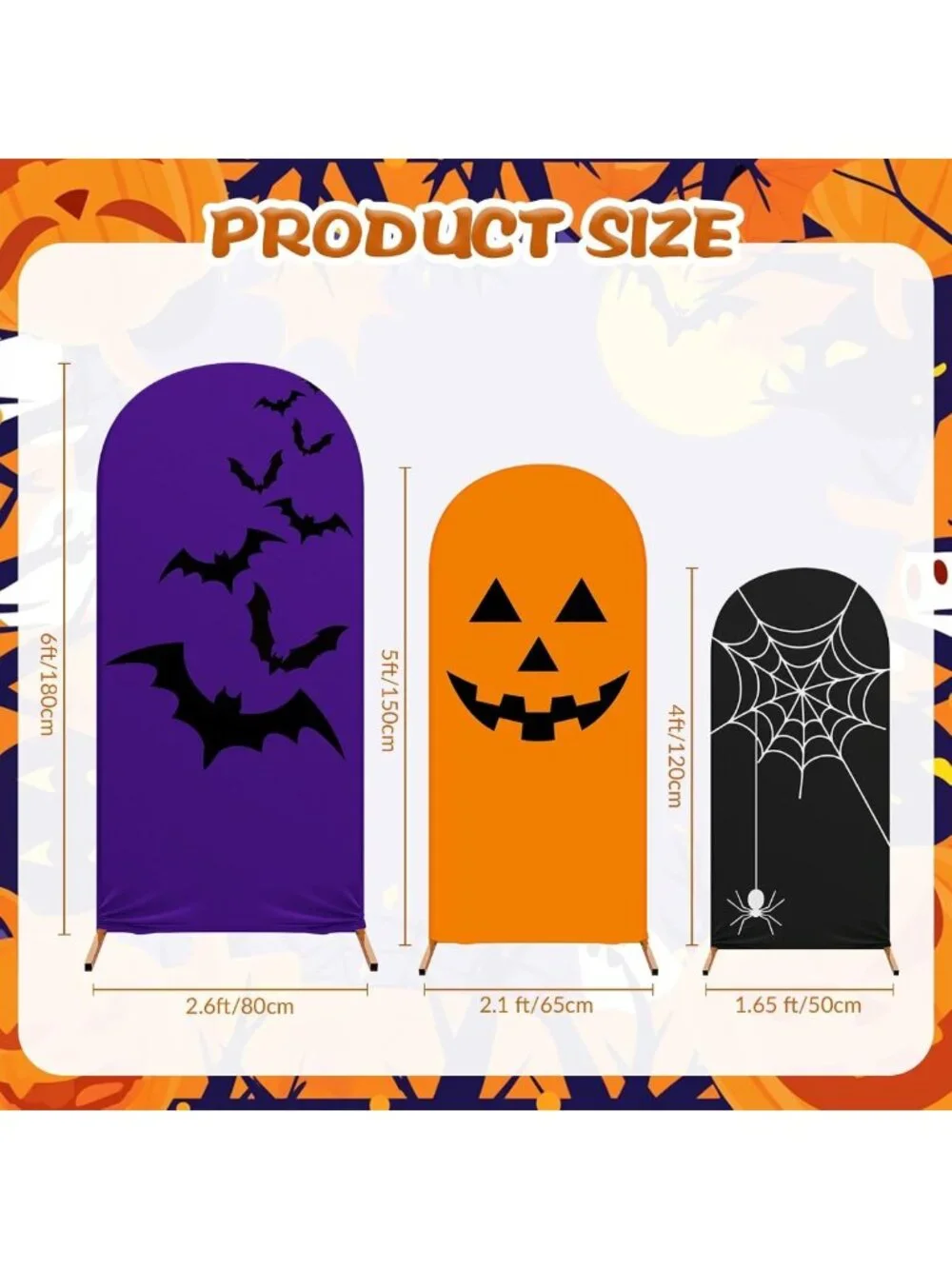 3-Piece Halloween Arch Backdrop Set - Pumpkin Design, 4ft, 5ft, 6ft Sizes